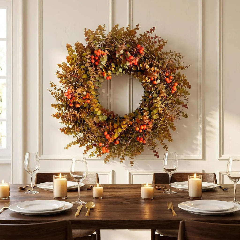 26" autumn fall eucalyptus wreath, front door burnt, front angle view