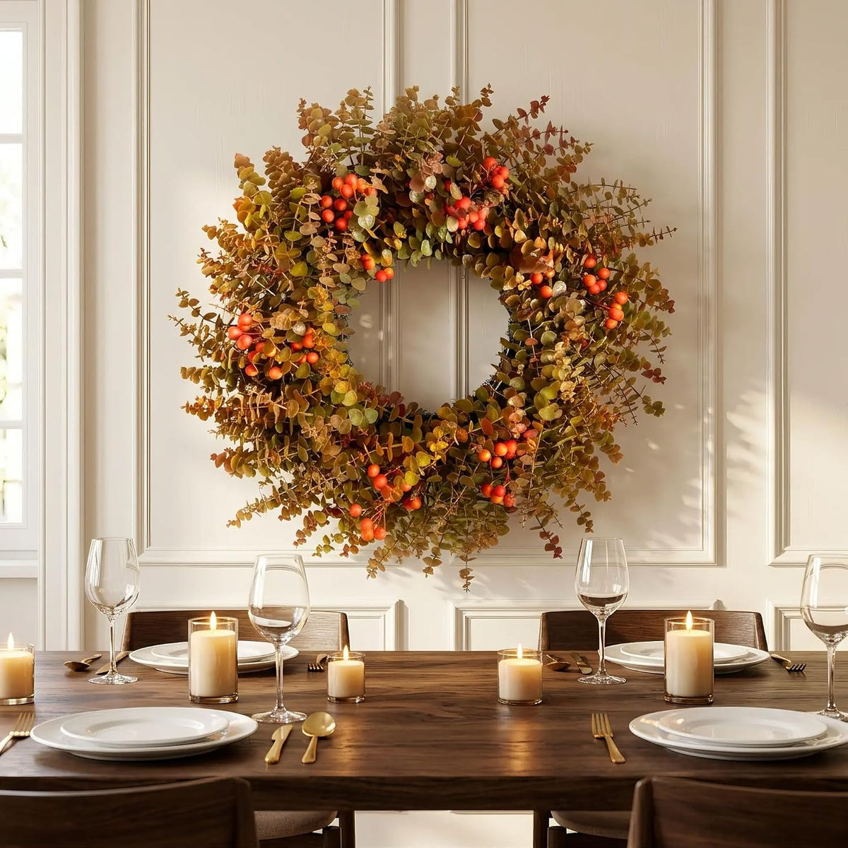 26" autumn fall eucalyptus wreath, front door burnt, front angle view