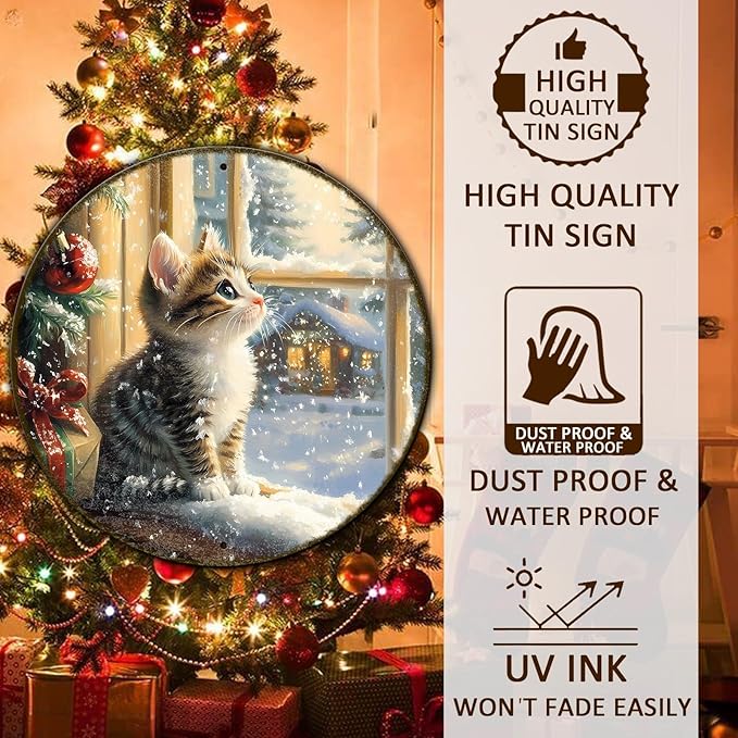 Round Christmas Sign Cats Vintage Metal Sign Christmas Kitten Retro Tin Sign Wall Decor for Home Office Bar Club Man Cave 8 * 8 in