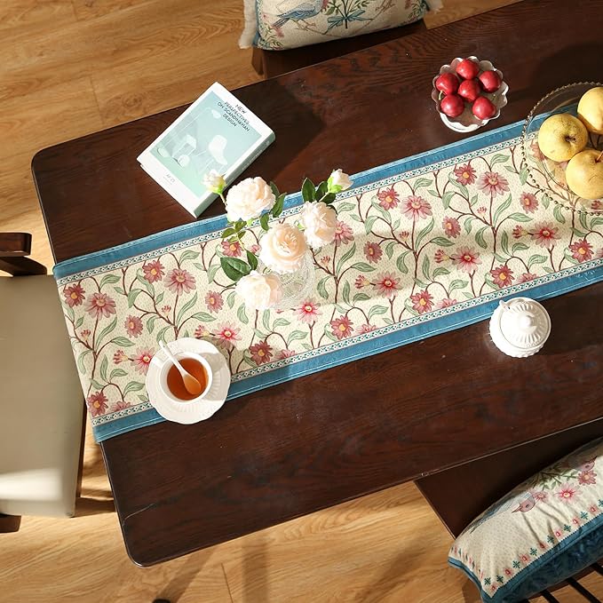 patdrea Designer French Elegant Wild Flowers Velvet Table Runner 118 Inch Long, Beige Pink Floral Table Mat, Decoration for Kitchen Dining Coffee Table Cabinet Banquet Thanksgiving,16"*118"
