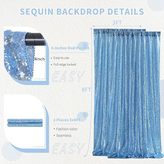 Birthday Backdrop Curtain Baby Blue Sequin Backdrop Drapes 6x8FT Shimmer Photo Wall Back Drop Cloth for Party Photography Background