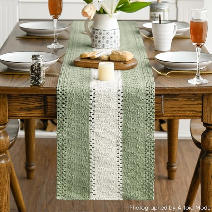 Artoid Mode Light Green Farmhouse Rustic Table Runner, Seasonal Hollow Kitchen Dining Table Decoration for Home Party Decor 12x48 Inch
