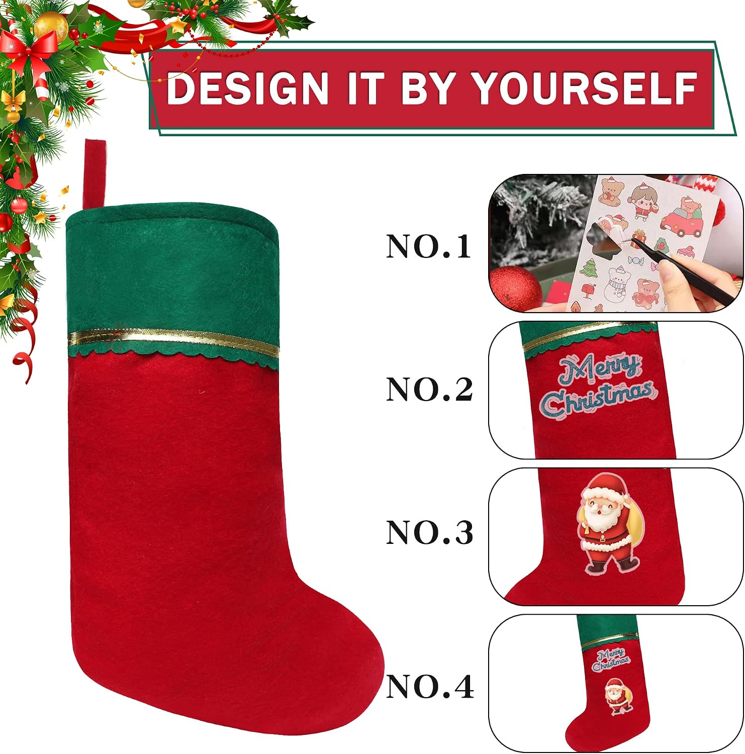 24 Pack Felt Christmas Stockings, 19 Inches Red and White Christmas Stockings Hanging Ornaments, White Cuff with Gold Trim Christmas Stockings for Family Christmas Holiday Decorations
