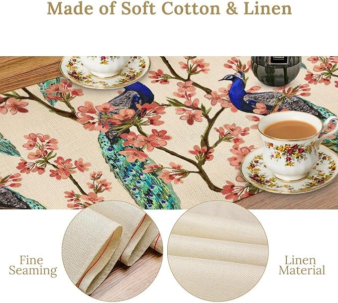 Peacock Table Runner,Spring Floral Peacock Birds Table Runner for Home Kitchen Dining Party Indoor Outdoor Decoration 13x70 Inch