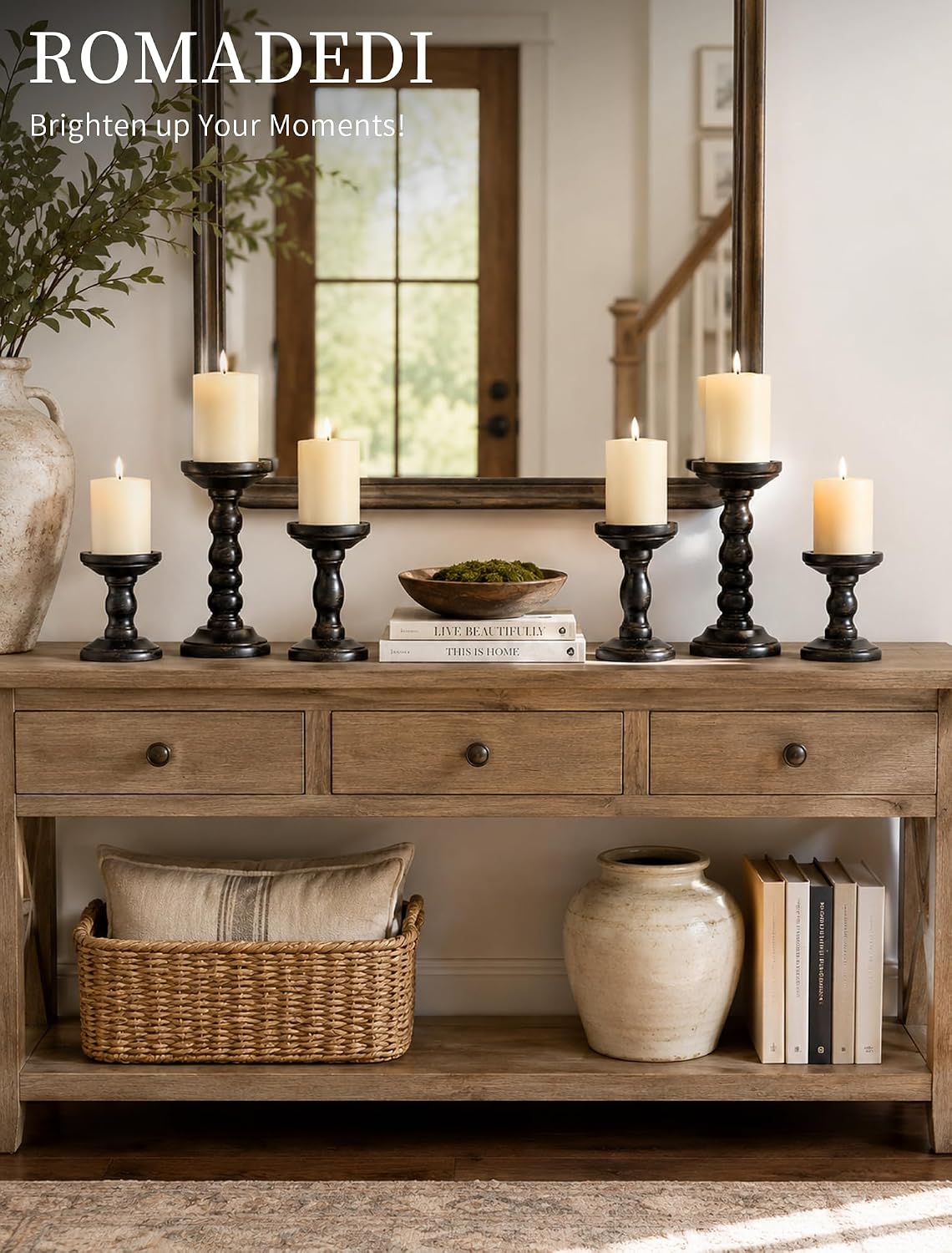Romadedi Solid Wood Pillar Candle Holder, Black, Set of 3, 8.3/5.9/3.9-in