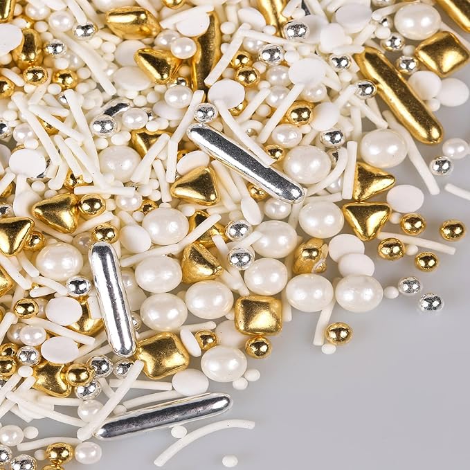 White Deluxe Gold Sprinkles for Cake Decorating 7ounce - Gold Sugar Pearl Metallic Sprinkles for Cupcake Toppers, Ice Cream, Candy, Cookie Decorations - Jimmies, Confetti for Wedding Party Celebrations