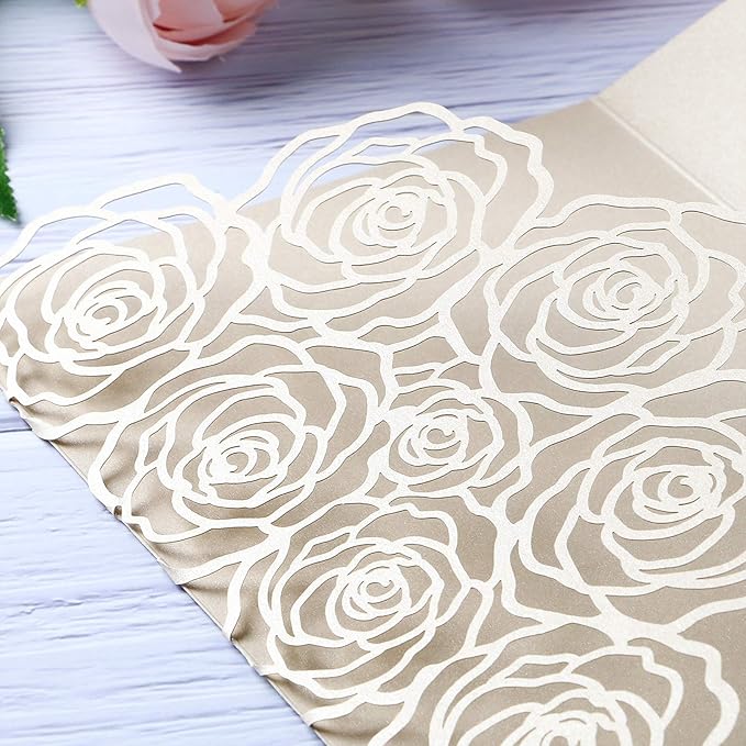 20 Pcs Laser Cut Wedding Invitations Card Pocket with Envelope for Birthday Party Baby or Bride Shower Invite suitable for 5 * 7 Inches Insert Paper (Champagne)