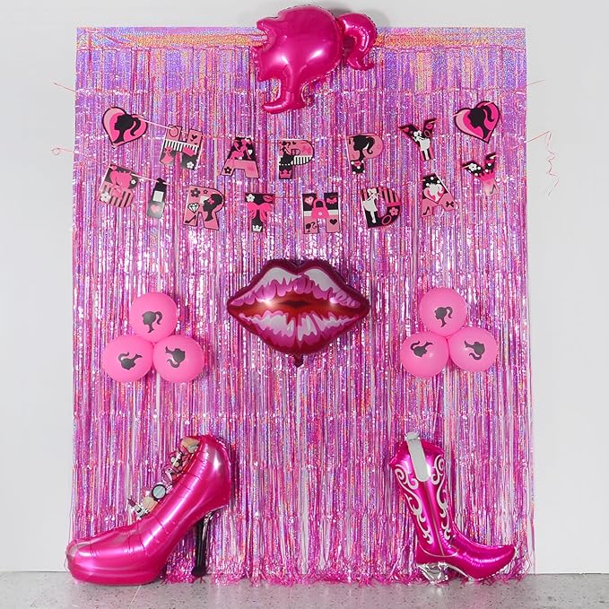 Melsan 3 Pack 3.2 x 8.2 ft Foil Fringe Curtains - Pink Tinsel Curtain Unicorn Birthday Hello Kitty Birthday Decorations Photo Backdrop for Party Decoration Engagement or Bachelorette Party Supplies