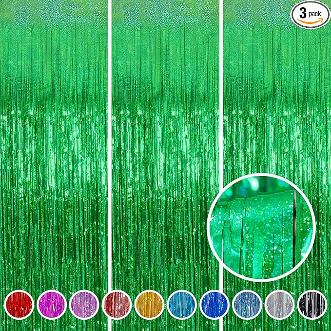 Foil Fringe Curtains April fool's Day Decorations - Melsan 3 Pack 3.2 x 8.2 ft Green Tinsel Curtain Party Photo Backdrop for Birthday Party Baby Shower or Graduation Decorations