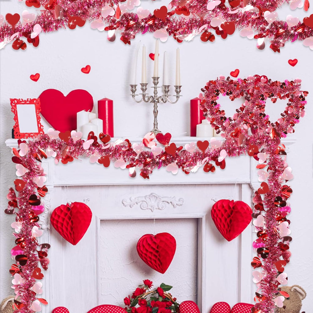 TURNMEON 2 Strings Total 66 Feet Valentines Heart Tinsel Garland Decorations Red Pink Twist Garland Metallic Streamer Valentine's Day Decorations Home Tree Indoor Outdoor Wedding Hanging Decor
