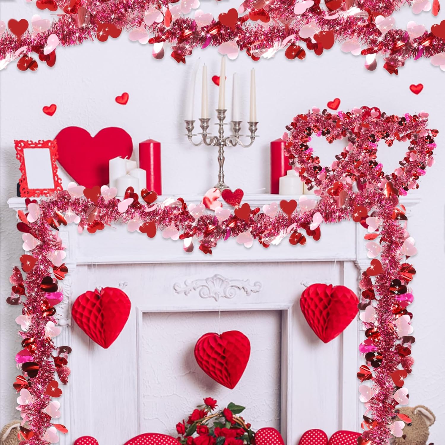 TURNMEON 2 Strings Total 66 Feet Valentines Heart Tinsel Garland Decorations Red Pink Twist Garland Metallic Streamer Valentine's Day Decorations Home Tree Indoor Outdoor Wedding Hanging Decor