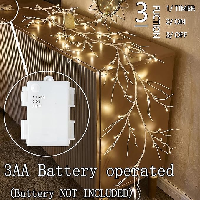 Fudios Lighted Birch Garland with Timer 48 LED Fairy Lights 6ft Battery Operated for Mantle Decor, Lit Christmas White Twig Garland Winter Home Wall Decoration Indoor Outdoor Use 1 Set