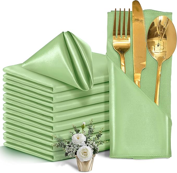 50 Pieces Sage Green Satin Napkins, 17" x 17" Square Table Napkins, Silky Soft Smooth Washable Napkins for Restaurant, Weddings, Dinner, Party Decoration