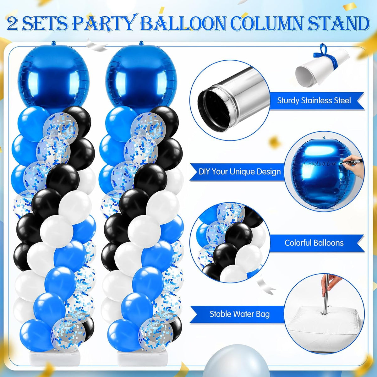 2 sets blue and black white balloon column showing dimensions