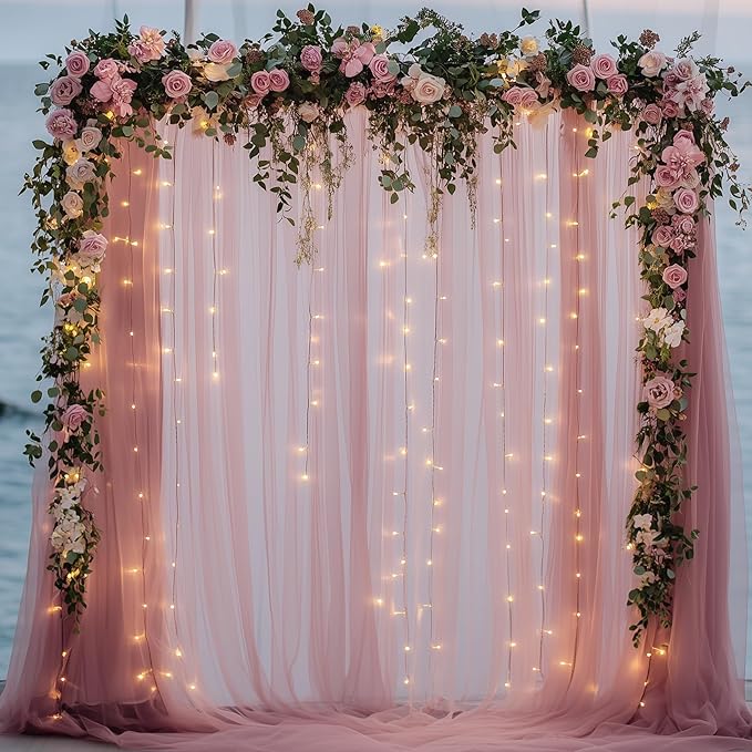 Tulle Backdrop Curtain with Lights String 10FT X 8FT Dusty Rose Sheer Tulle Backdrop Curtains for Wedding Birthday Party Reception Photo Booth Background Decorations (2 Panels 5x8FT)