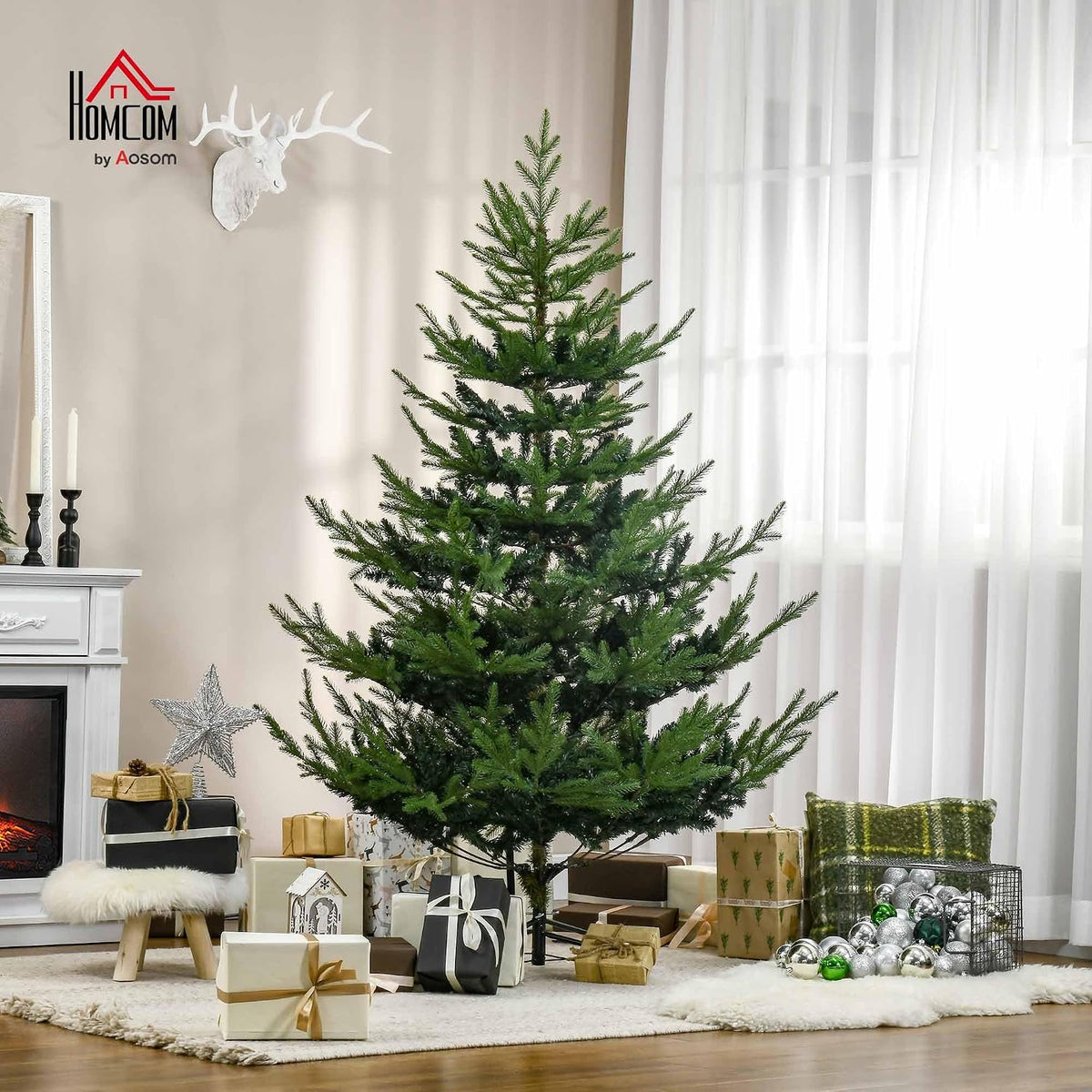 homcom 6 foot artificial christmas tree, nordic pine shown in use