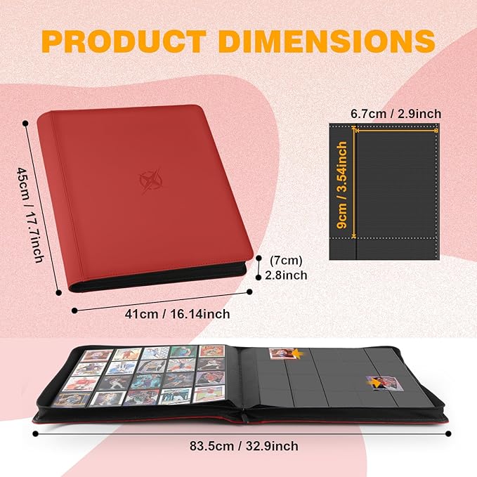 20-Pocket Card Binder, Trading Card Binder Holds 2000 Cards, Premium Zippered Trading Card Album Compatible with TCG, Game & Sports Cards (Red)