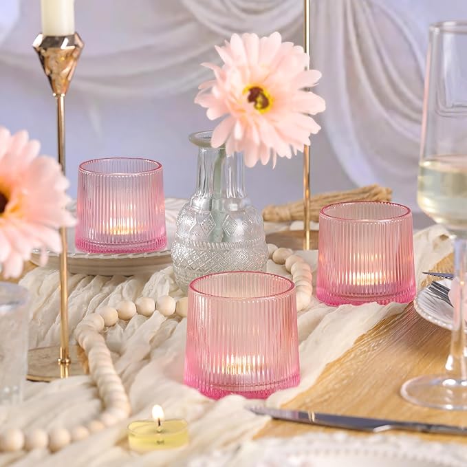 Pink Ribbed Tealight Votive Candle Holders Set of 10- Votive Candle Holders for Table Centerpiece, Tea Light Candle Holder Glass for Wedding and Home Decor, Blue Decor and Gifts