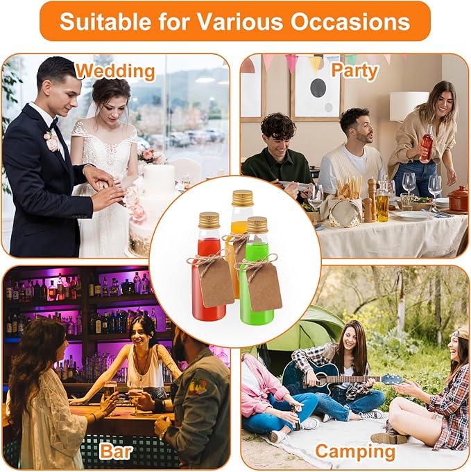 96 Pcs Mini Liquor Bottles Set, 30 Pcs 2oz Plastic Alcohol Bottles with Gold Cap, 30pcs Kraft Tags and 6pcs Funnels with 30pcs Ropes, Miniature Bottle Bulk for Wedding Birthday Christmas Party Favor
