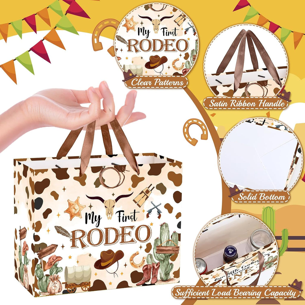 My First Rodeo Birthday Gift Bag Our Little Cowboy is Turning One Gift Bag with Tissue Paper Card Brown Wild West Western 1st Gift Wrapping Paper for Baby Boy Cowboy One Year Old Birthday Party Supply