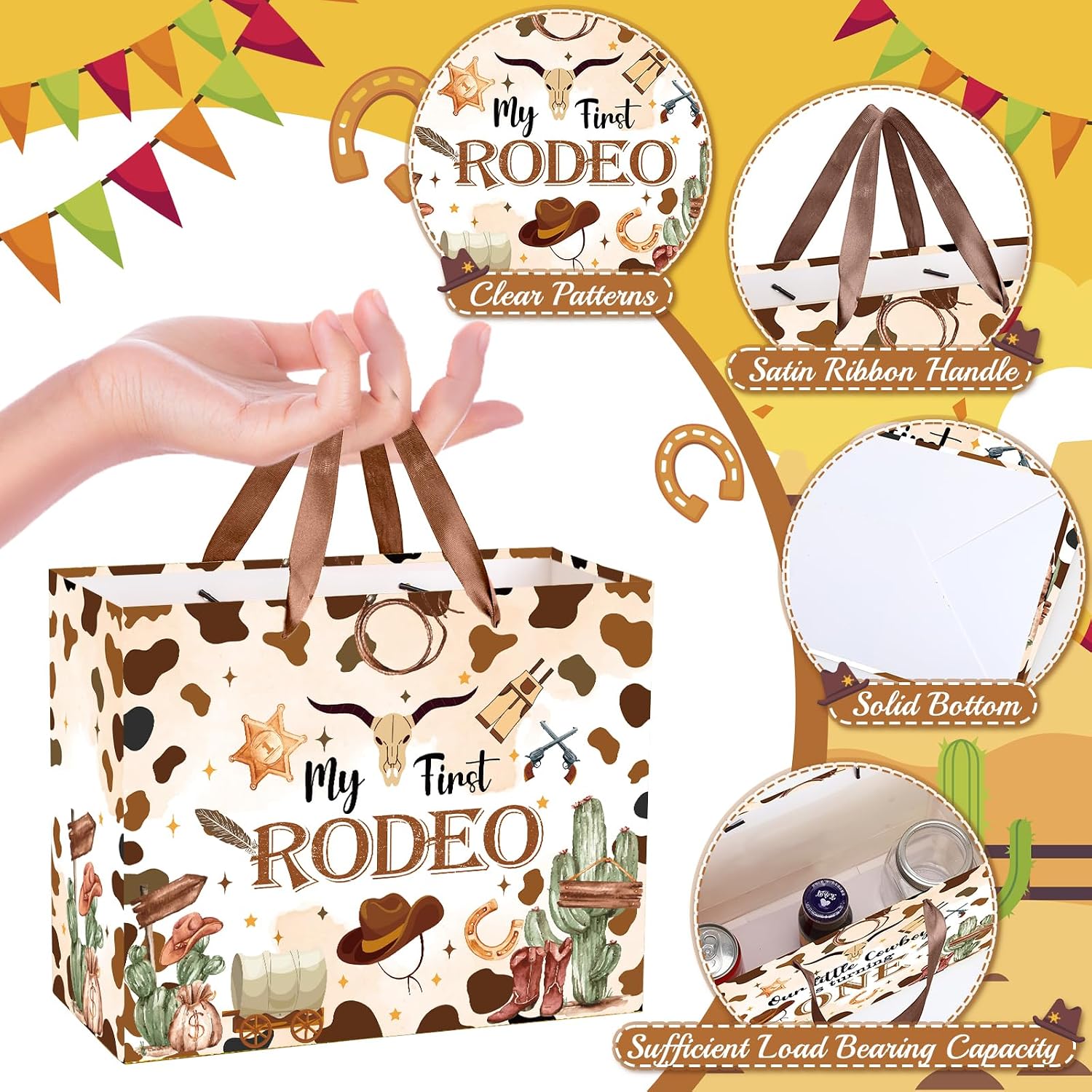 My First Rodeo Birthday Gift Bag Our Little Cowboy is Turning One Gift Bag with Tissue Paper Card Brown Wild West Western 1st Gift Wrapping Paper for Baby Boy Cowboy One Year Old Birthday Party Supply
