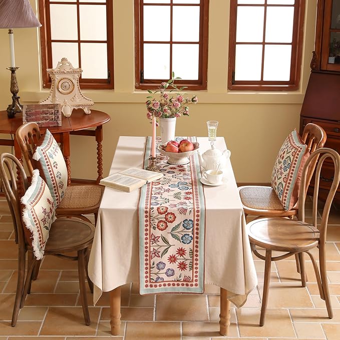 Decorative Linen French Table Runner 71 Inches Long,Green Floral Rustic Runner for Table Decor Tabletop Table Runners for Kitchen,Dining,Tea Party,Home,Christmas,12"*71"