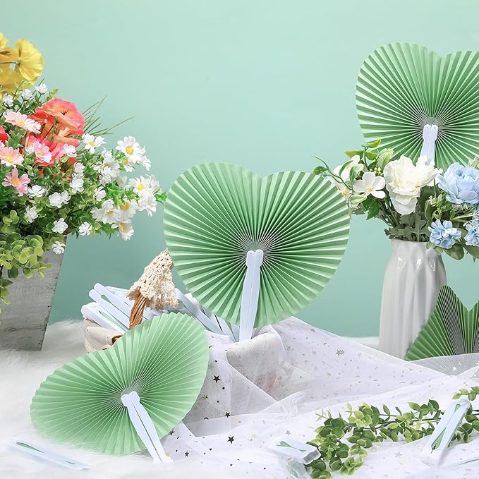 Unittype 150 Packs Wedding Paper Fans Heart Shaped Folding Handheld Fans for Wedding Decorate Guests Favor Anniversary Birthday Party Supplies Home Decor(Sage Green)