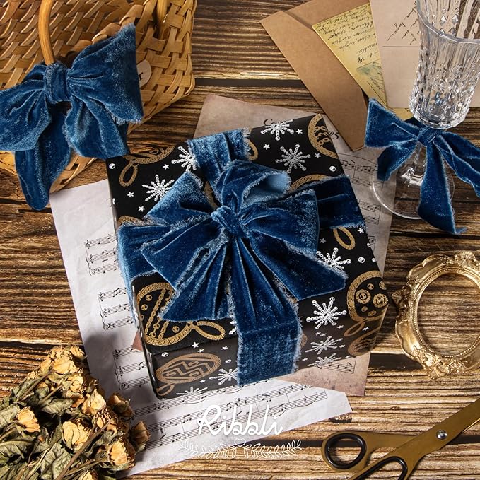 Ribbli Ocean Blue Velvet Ribbon 1.5 Inch Handmade Frayed Vintage Christmas Ribbon for Gift Wrapping Christmas Tree Ornament Wreath Craft Home Decor -Total 3 Yards with Wooden Spool