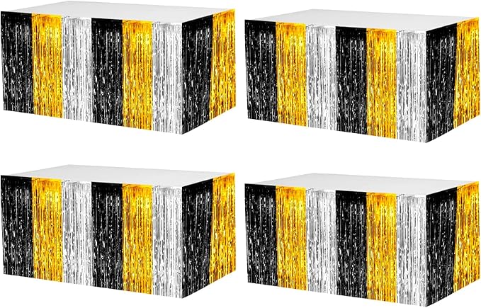4 Pack 29x108 Inch Metallic Foil Fringe Tinsel Table Skirts for Rectangle Tables Streamer Backdrop for Wedding Birthday, Parade Floats, Christmas, Halloween Party Decoration(Gold Silver Black)