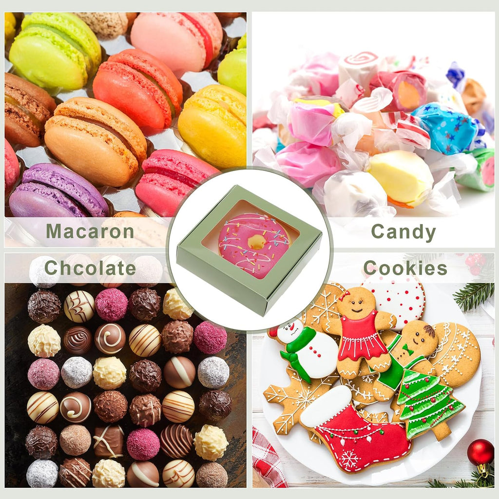 Zonon 30 Pcs Kraft Paper Boxes with Window 4.13 x 4.13 x 1.18 Inch Candy Packaging, Small Gift Boxes, Soap holder, Mini Treat Packaging for Bakery Chocolate Jewelry Display (Sage Green)