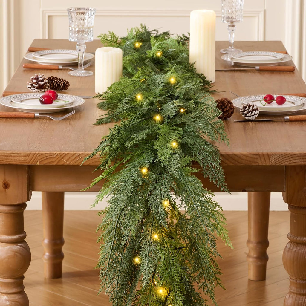 12ft 1pcs prelit realistic faux pine cedar garland, front angle view