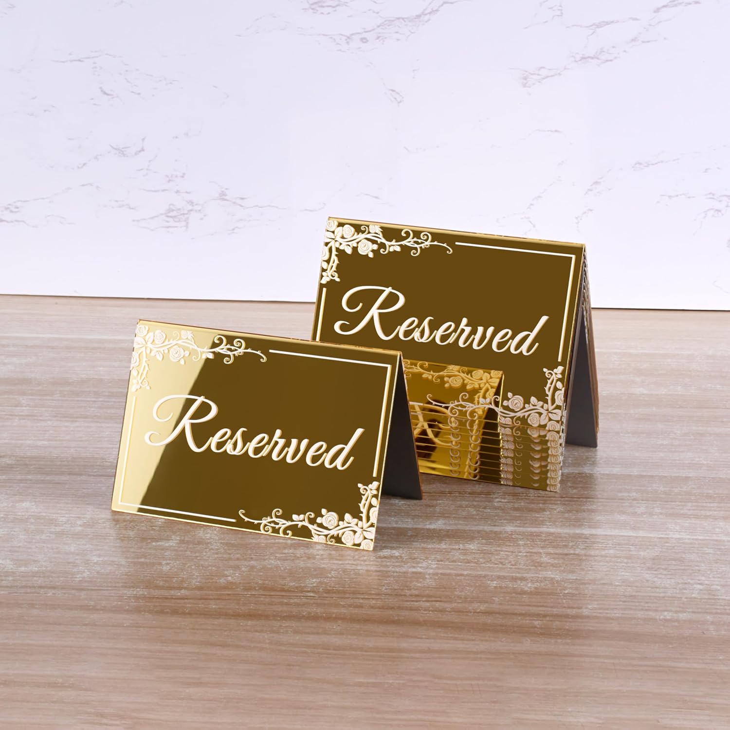 KAITELA 10 Pack Gold Acrylic Reserved Table Signs 6" x 4" Double Sided Reservation Seating Tent Cards for Wedding, Reception, Restaurant, Ceremony, Events