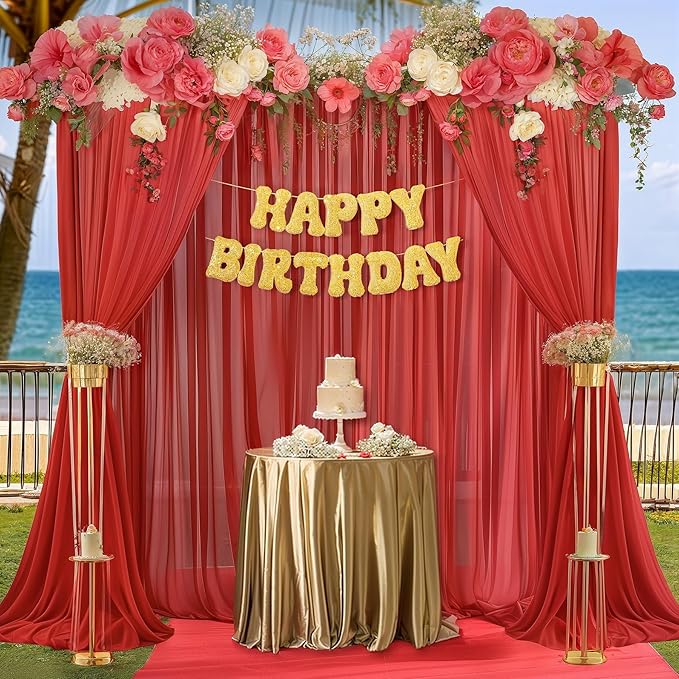 10ft x 10ft Red Backdrop Curtain Drapes, Wrinkle-Free Sheer Chiffon Fabric Photo Backdrop Panels for Wedding Arch Party Ceremony Stage Decoration