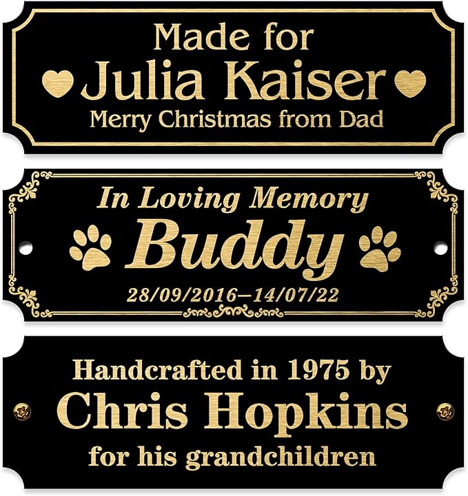 Caramel Sweet Life Personalized Name Plates, Black Engraved Plaque with Gold Text, Trophy Plates Engraved, Custom Name Plate with Adhesive Backing or Screws, 3" W x 1" H