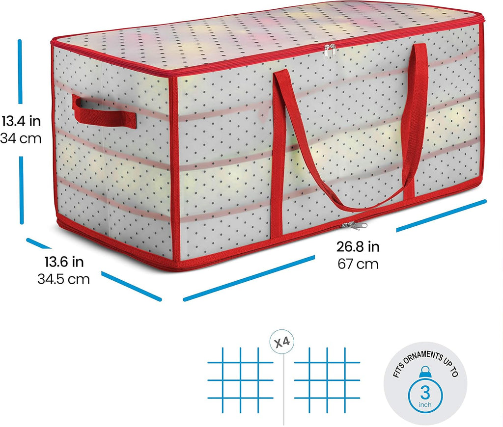 ZOBER Christmas Ornament Storage Box - Stores 128 Ornaments W/ 2 Sided Zipper - Flexible Plastic Christmas Ornament Storage Containers - 3 Inch Cube Compartments - Red