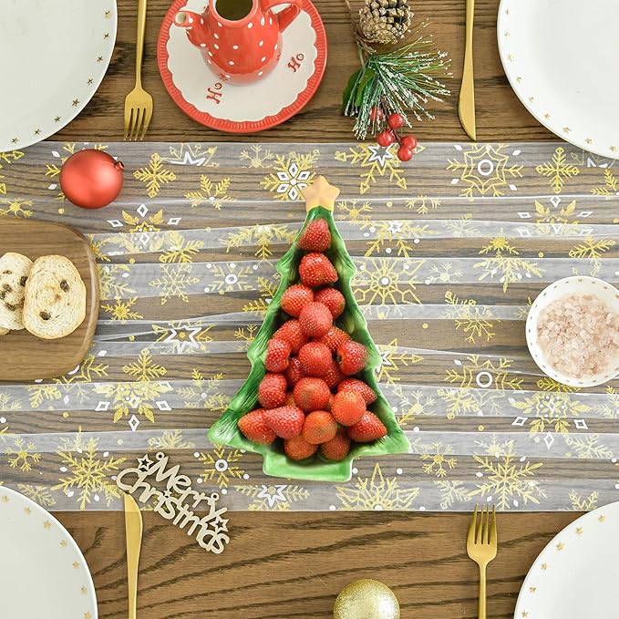 Artoid Mode Gold Snowflakes Christmas Gauze Table Runner 120 Inch 10FT, Winter Seasonal Sheer Dining Holiday Wedding Table Decor for Home Party
