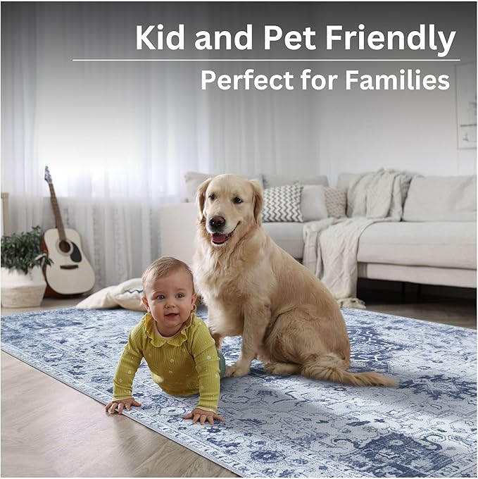 Bloom Rugs Washable Non-Slip 4' x 6' Rug - Gray/Blue Traditional Medallion Area Rug for Living Room, Bedroom, Dining Room, and Kitchen - Exact Size: 4' x 6'