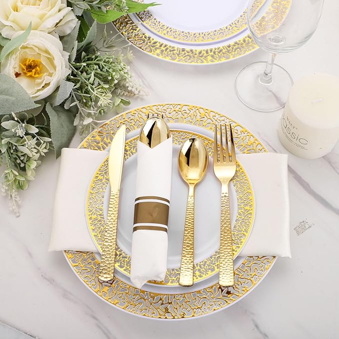 Supernal Set of 60 Wrapped Plastic Silverware Gold Pre Rolled Silverware Set Disposable,Plastic Cutlery for Parties,Disposable Cutlery Heavy Duty with Linen Napkins For Weddings Birhday