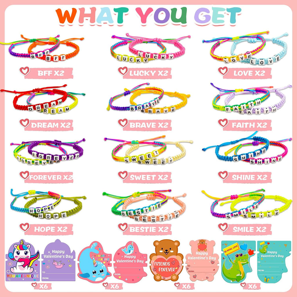 Gofriipai Valentines Day Cards for Kids School with Bracelets 24 Pack, Valentines Day Gifts for Kids Classroom with Friendship Bead Bracelets, Exchange Gift Valentine Party Favors for Kids Girls Boys