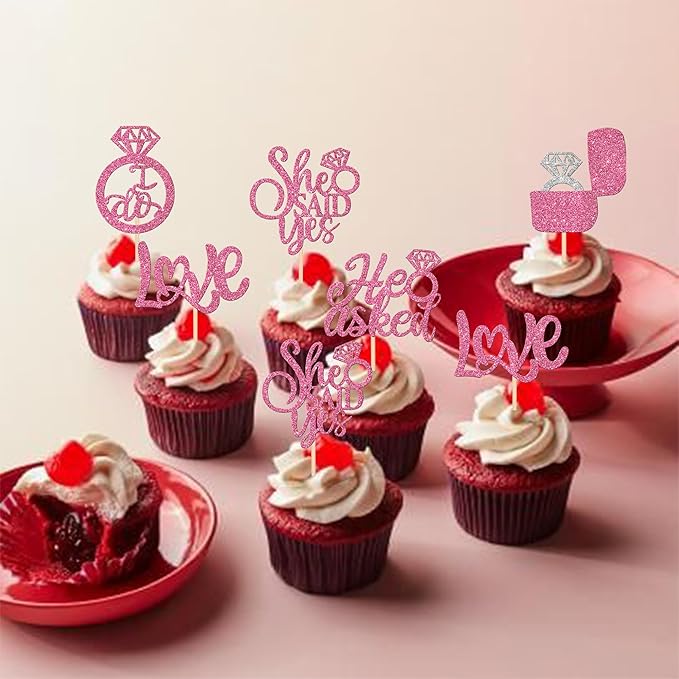 30 PCS He Asked She Said Yes Cupcake Toppers Diamond Ring Cupcake Picks Love I Do Cake Picks for Wedding Enaggement Bridal Shower Party Cake Decorations Supplies Pink