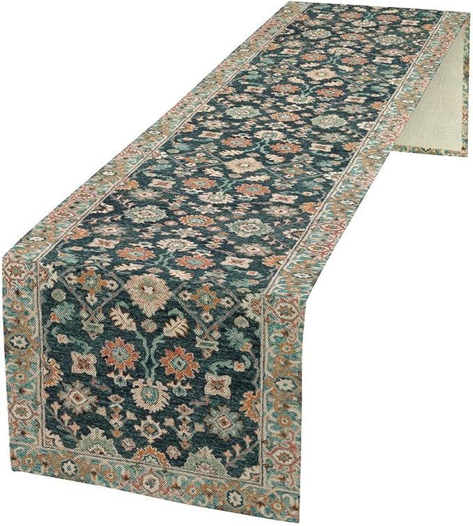 Vintage Boho Floral Table Runner, Rustic Country Farmhouse Blue Teal Red Bohemia Flower Pattern for Home Kitchen Table Decor Dining Coffee Room Party Decor 13x72in