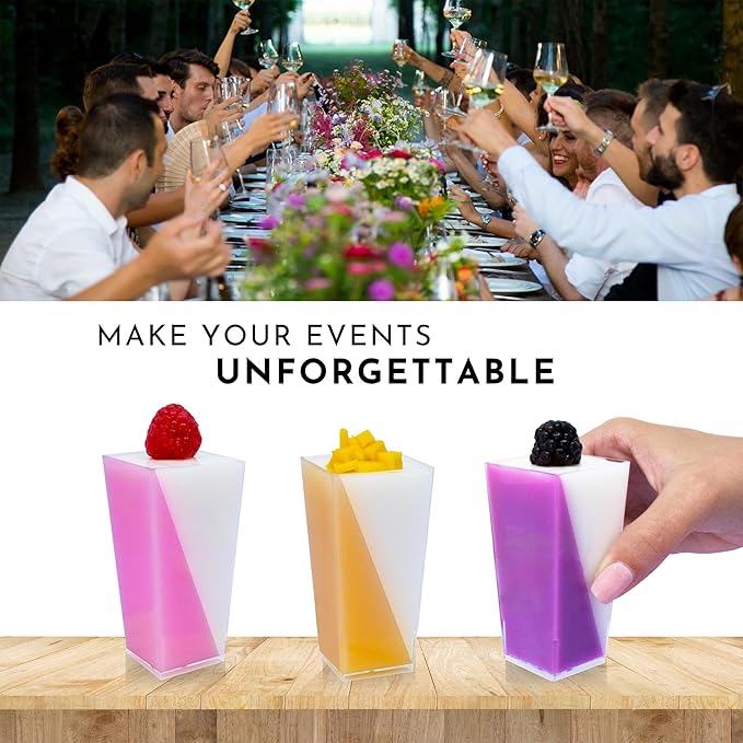 50 Pack Tiny 3oz Tall Pyramid Shooter | Disposable Mini Plastic Dessert Cups | Tiny Square Treat Containers | Clear Individual Dessert Cups | 3 oz Plastic Cups for Catering Events & Parties | CMJJ