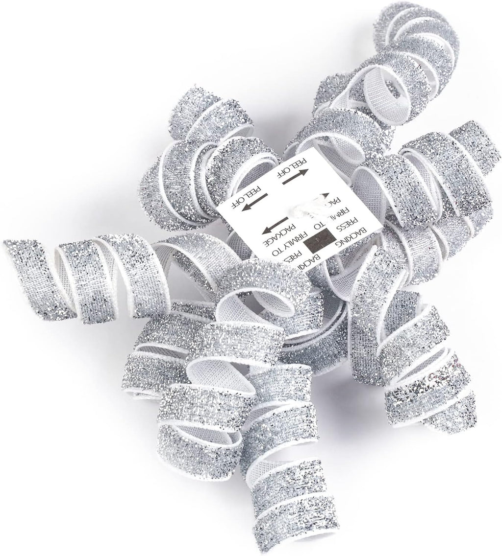 WRAPAHOLIC 6 Pcs Christmas Curly Bows - Silver Design Self-Adhesive Burst Bow, Perfect for Christmas, Birthday, Holiday, Party Favors Decorations