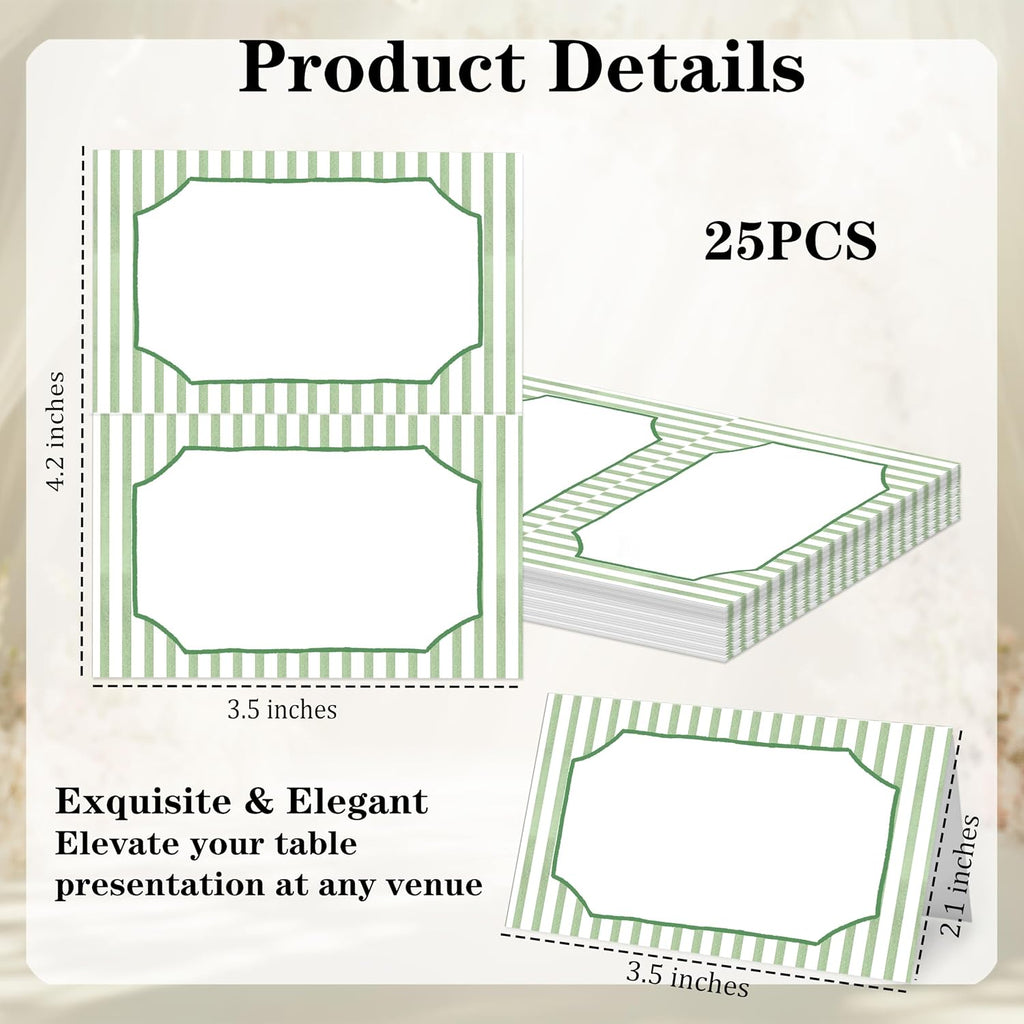 Elegant Green Striped Place Cards for Table Setting, 2 x 3.5" Escort Cards, 25 Watercolor Tent Cards Food Label for Dinner Party, Wedding, Bridal Shower, Baby Shower, Birthday Party Supplies