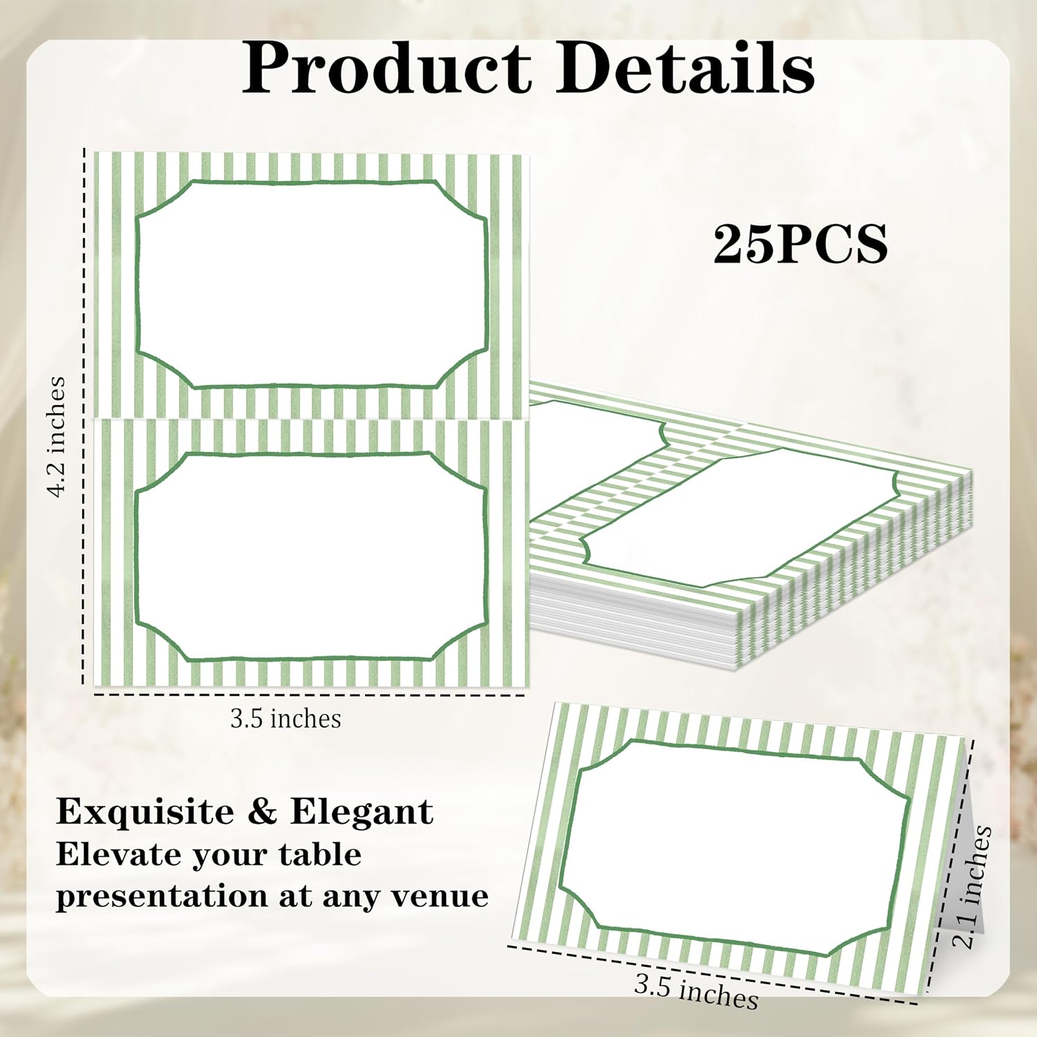 Elegant Green Striped Place Cards for Table Setting, 2 x 3.5" Escort Cards, 25 Watercolor Tent Cards Food Label for Dinner Party, Wedding, Bridal Shower, Baby Shower, Birthday Party Supplies
