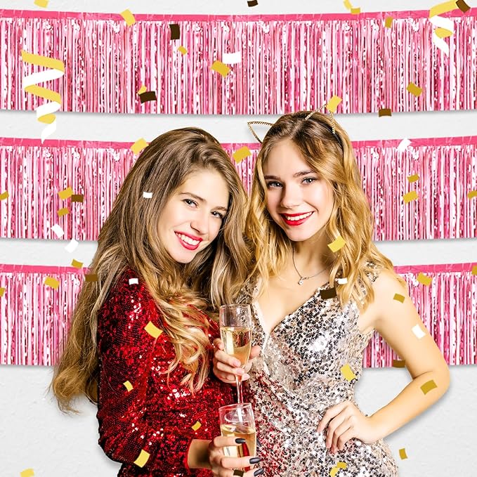 4 Pack 10 Feet Pink Foil Fringe Garland Metallic Tinsel Streamers Banner Wall Hanging Curtain Backdrop for Parade Floats, Wedding, Graduate, Mother's Day, Birthday Party Decoration