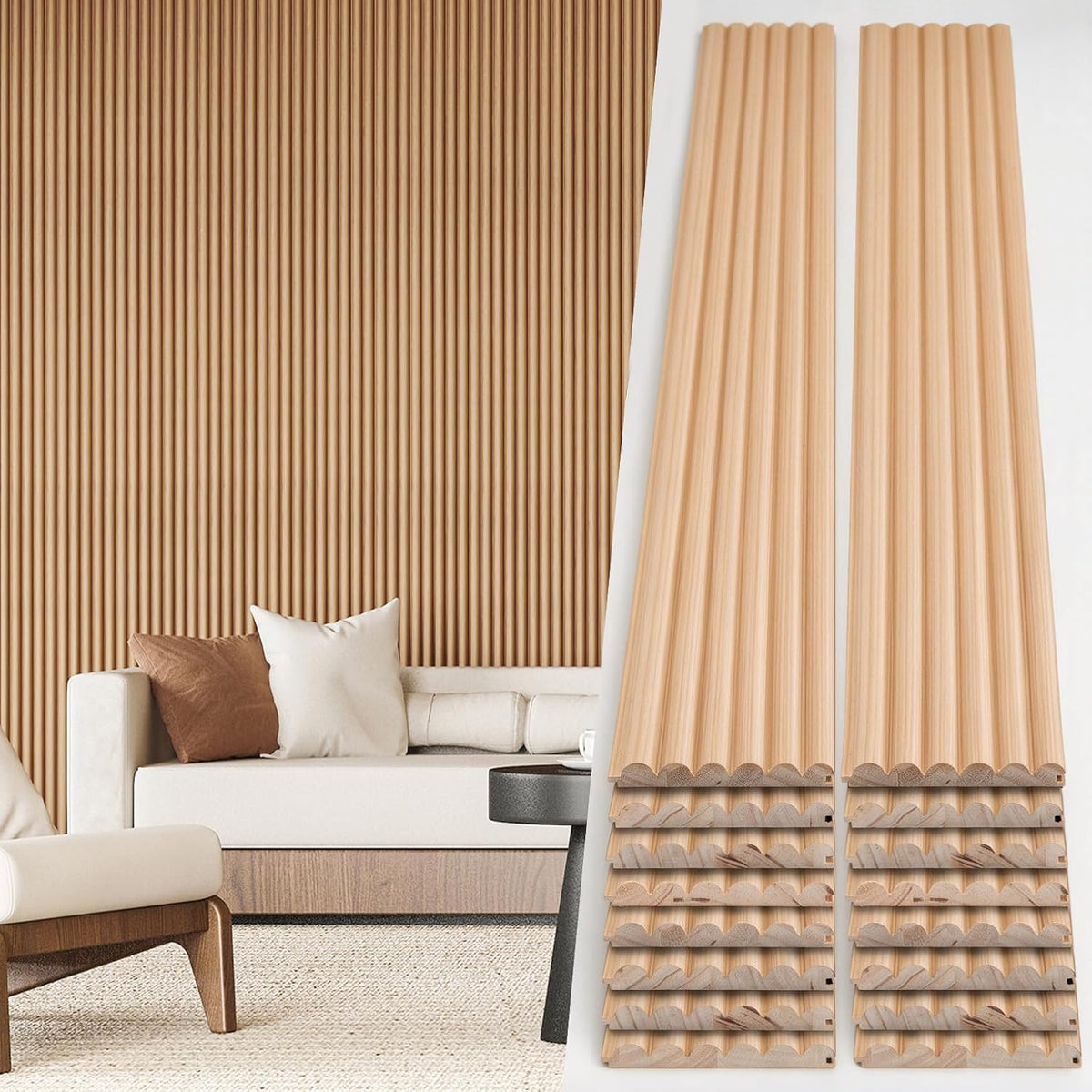 Art3d 108 x 5.7 in Fluted Wood Wall Paneling for Home Decor, Beaded Oak