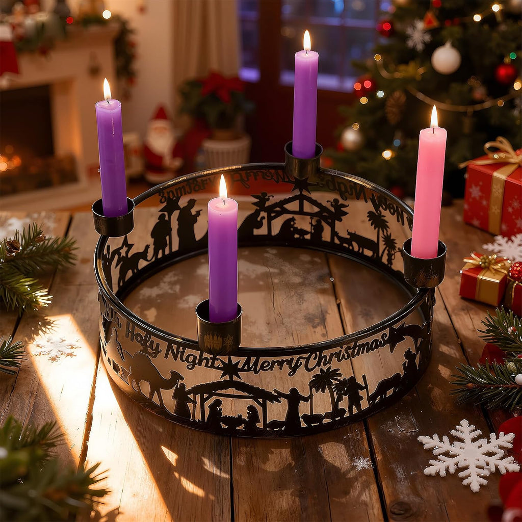 Blulu Advent Wreath Candle Holder Nativity Scene Ring Candle Holder Metal Jesus Nativity Set Christmas Centerpiece for Candlestick Rustic Advent Christmas Home Decorations Xmas Signs (Holy Night)
