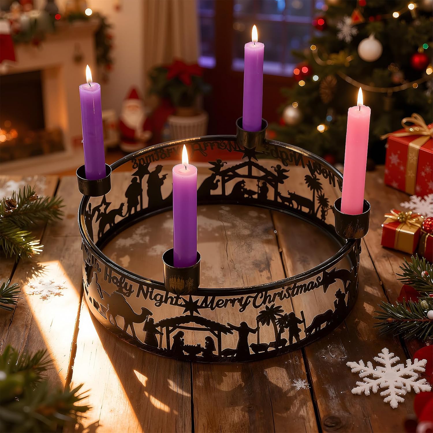 Blulu Advent Wreath Candle Holder Nativity Scene Ring Candle Holder Metal Jesus Nativity Set Christmas Centerpiece for Candlestick Rustic Advent Christmas Home Decorations Xmas Signs (Holy Night)