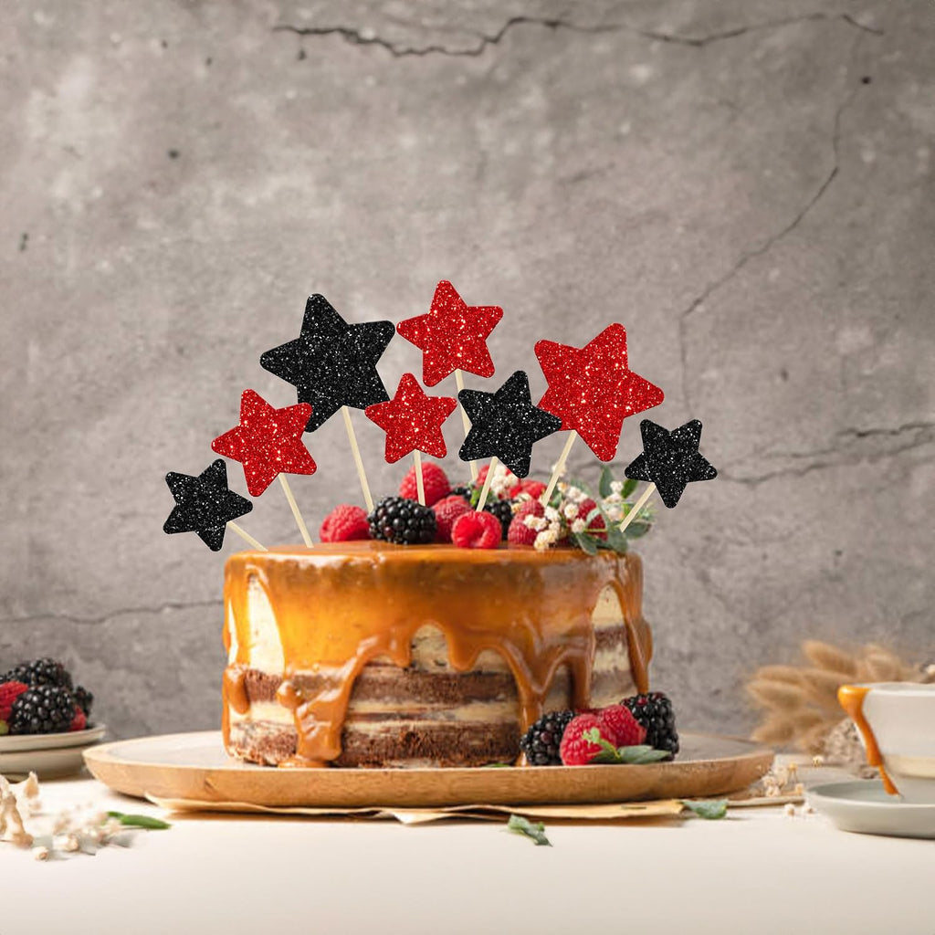 Gyufise 42Pcs Mixed Size Little Star Cupcake Toppers Glitter Twinkle Star Cupcake Picks Halloween Party Cake Decorations for Happy Halloween's Day Party Favors Supplies Black Red